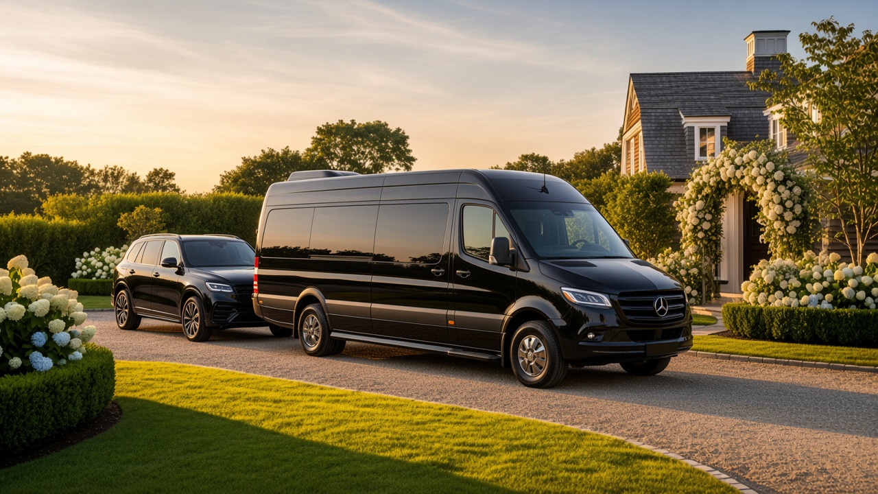 Luxury wedding transportation vehicles at a Hamptons outdoor celebration